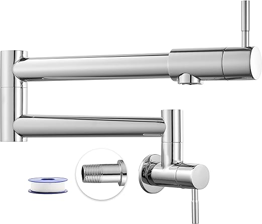 Kitchen Restaurant Faucet Polished Chrome 19 Inch Wall Mounted Folding Stretchable Double Joint Swing Arm Single Hole Two Handles Commercial NPT Stainless Steel Pot Filler