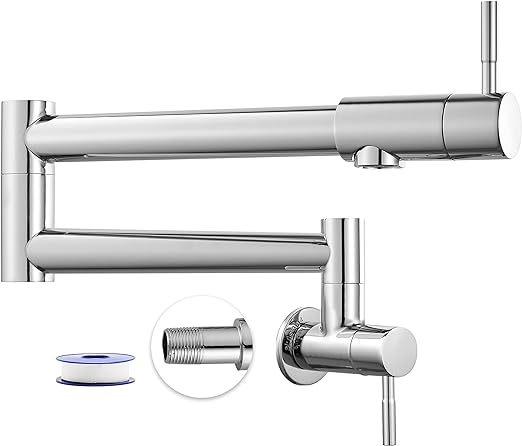 Kitchen Restaurant Faucet Polished Chrome 19 Inch Wall Mounted Folding Stretchable Double Joint Swing Arm Single Hole Two Handles Commercial NPT Stainless Steel Pot Filler