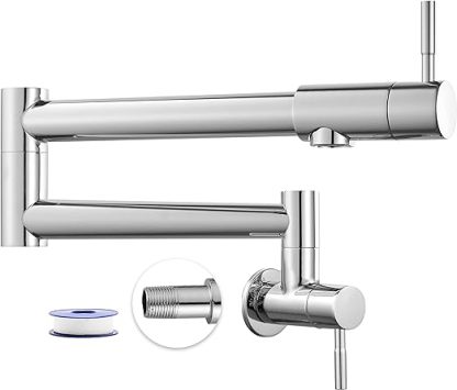 Kitchen Restaurant Faucet Polished Chrome 19 Inch Wall Mounted Folding Stretchable Double Joint Swing Arm Single Hole Two Handles Commercial NPT Stainless Steel Pot Filler