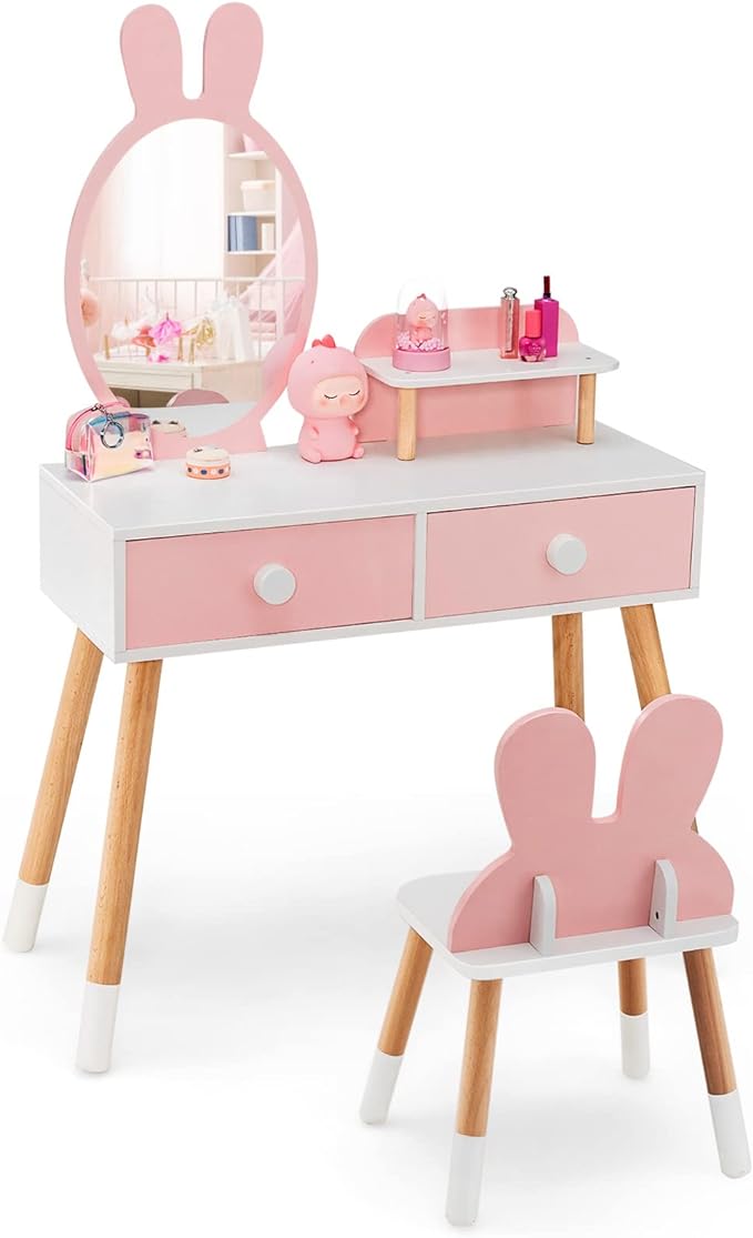 Rabbit Themed Toddler Wooden Makeup Table and Chair Set