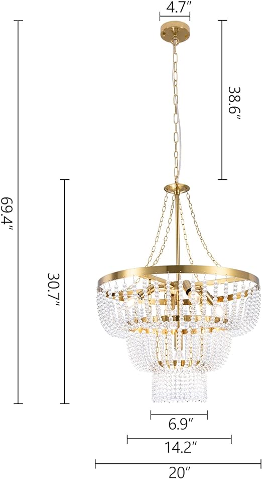 Beaded Chandelier for Dining Room, Modern Gold Pendant Hanging Light 3 Tiers, Boho Crystal Chandelier for Bathroom,Foyer,Entryway, Brushed Brass Finished with Glass Bead (Glass Bead)