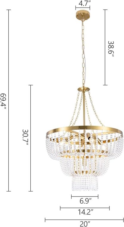 Beaded Chandelier for Dining Room, Modern Gold Pendant Hanging Light 3 Tiers, Boho Crystal Chandelier for Bathroom,Foyer,Entryway, Brushed Brass Finished with Glass Bead (Glass Bead)