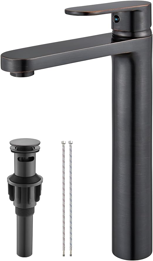 Oil Rubbed Bronze Vessel Sink Bathroom Tall Faucet One Hole Single Handle Basin Mixer Tap Lavatory Vanity Brass Pop Up Drain Included Deck Mount Modern Tall Bathroom Faucet