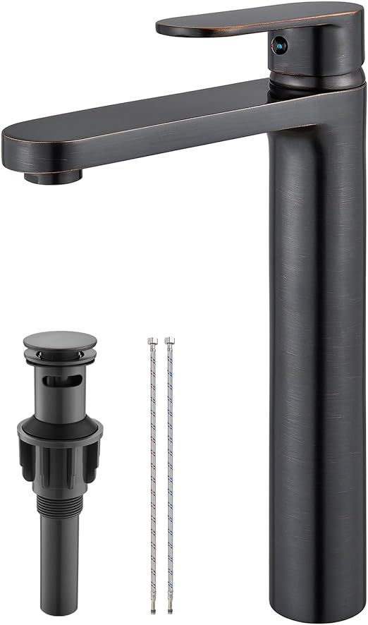 Oil Rubbed Bronze Vessel Sink Bathroom Tall Faucet One Hole Single Handle Basin Mixer Tap Lavatory Vanity Brass Pop Up Drain Included Deck Mount Modern Tall Bathroom Faucet