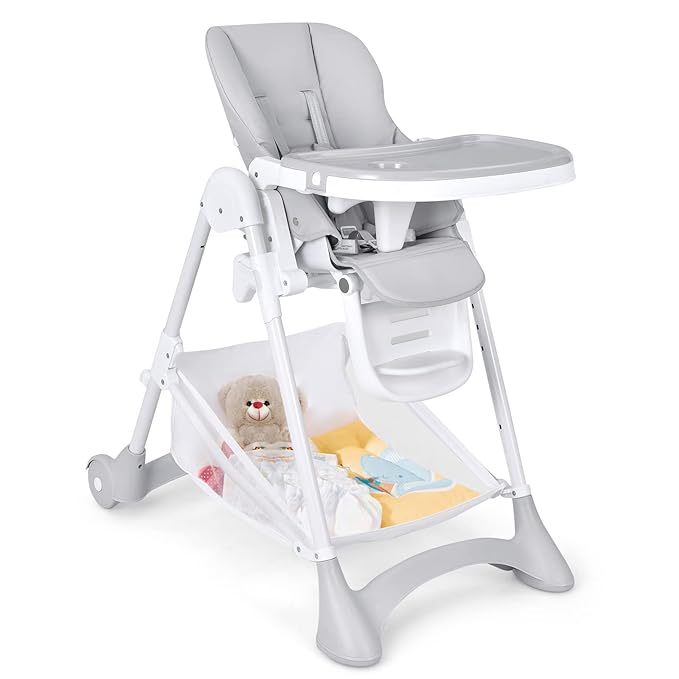 Foldable Highchair for Babies and Toddlers, Detachable Trays & PU Leather Seat Cushion