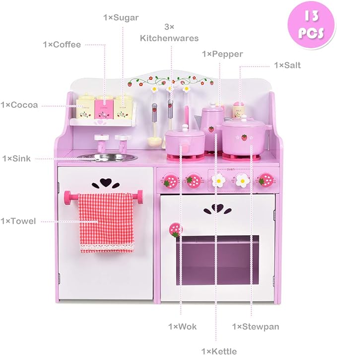13 Pcs Cookware Utensils, Faucet, Stove, Storage Cabinet, Little Chef Toy Kitchen Set