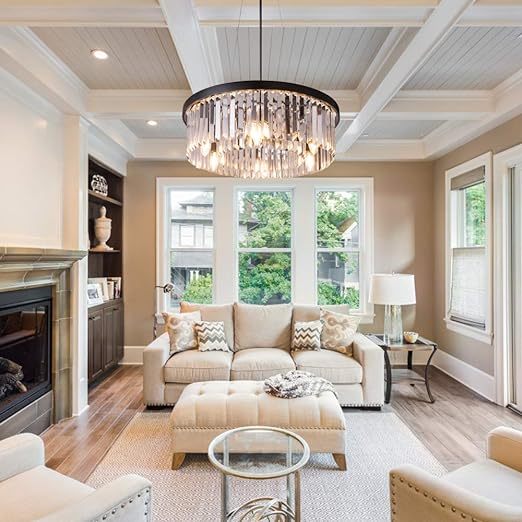 Modern Crystal Chandelier for Dining Room, 6 Lights Black Farmhouse Crystal Pendant Light, Vintage Ceiling Lighting Fixture for Kitchen Island, Living Room, Bedroom, Hallway, Foyer, W-21.65”