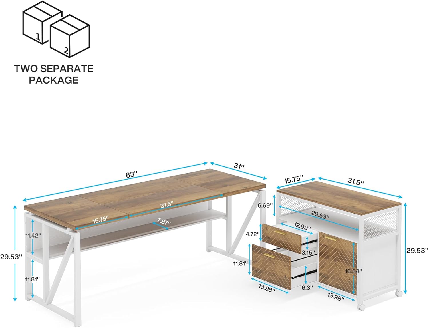 63" Executive Computer Desk and lateral File Cabinet, 2 Piece Home Office Furniture