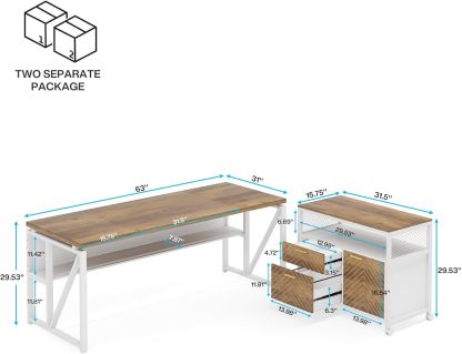 63" Executive Computer Desk and lateral File Cabinet, 2 Piece Home Office Furniture