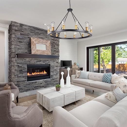 Farmhouse Chandelier,12 Lights Black Wagon Wheel Large Chandelier for Kitchen Island,Hanging Modern Farmhouse Pendant Light