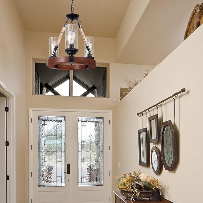 Farmhouse Chandelier, Wood Wagon Wheel Chandelier with Seeded Glass Shade, Hanging Rustic Round 3 Lights Ceiling Pendant Lighting