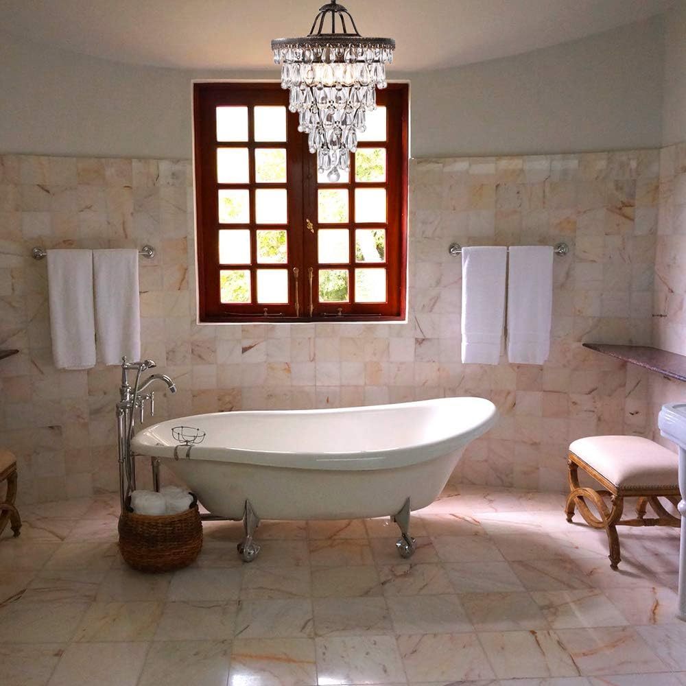 14 Inch Crystal Chandelier,Farmhouse Bronze Bathroom Chandeliers,4-Light Foyer Lighting Hanging Pendant Light Fixture for Bedroom Entryway Living Kids Room Corridor Closet