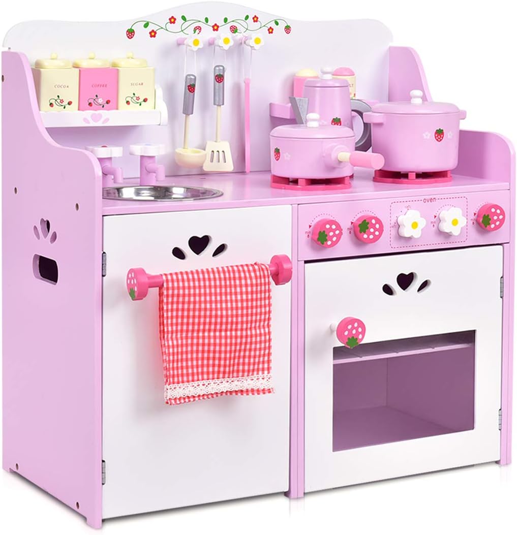 13 Pcs Cookware Utensils, Faucet, Stove, Storage Cabinet, Little Chef Toy Kitchen Set