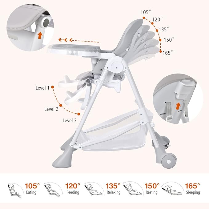 Foldable Highchair for Babies and Toddlers, Detachable Trays & PU Leather Seat Cushion