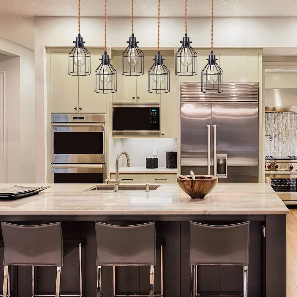 6 Lights Pendant Light for Kitchen Island, Farmhouse Linear Wood Flush Mount Chandelier with Metal Shades