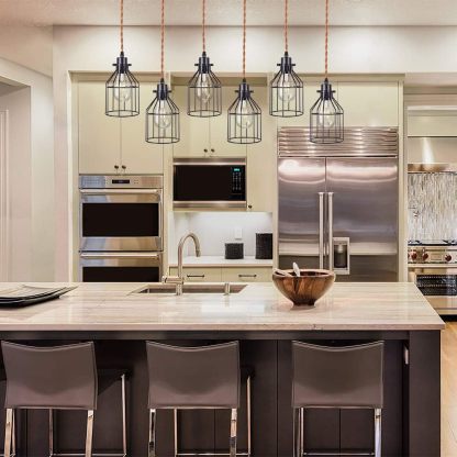 6 Lights Pendant Light for Kitchen Island, Farmhouse Linear Wood Flush Mount Chandelier with Metal Shades