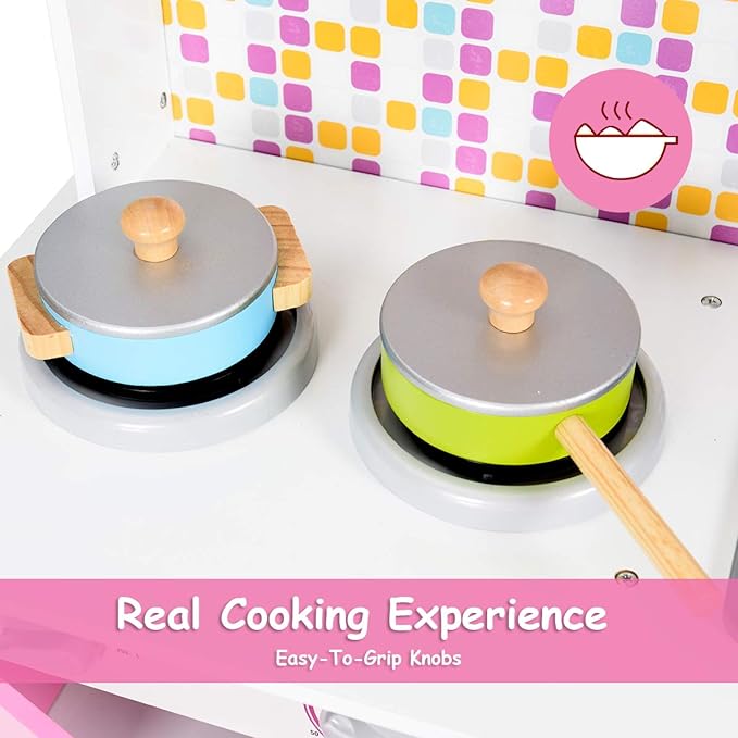 Pink Kids Kitchen Playset, Pretend Play Kitchen for Toddlers