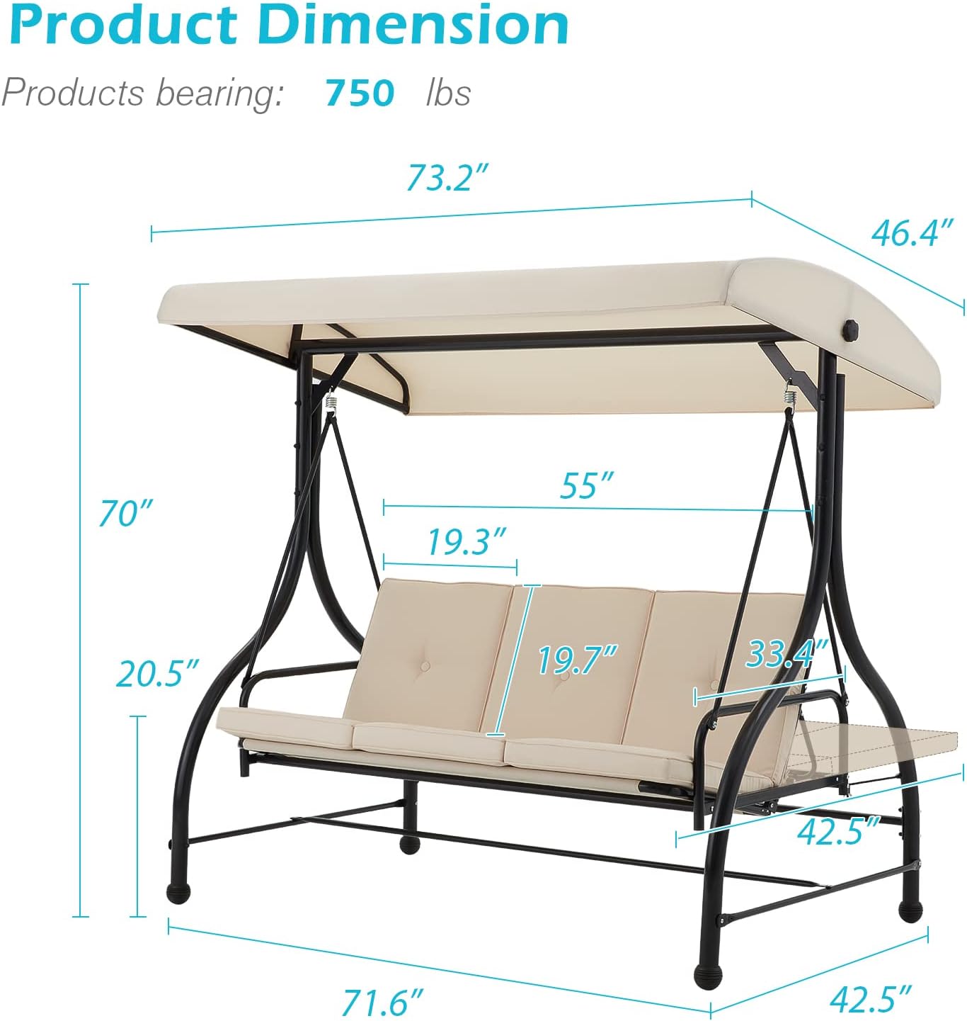 3-Seat Outdoor Patio Swing Chair, Converting Swing Glider Canopy Hammock w/Adjustable Backrest and Canopy, Removable Cushions for Porch, Backyard, Poolside, Beige