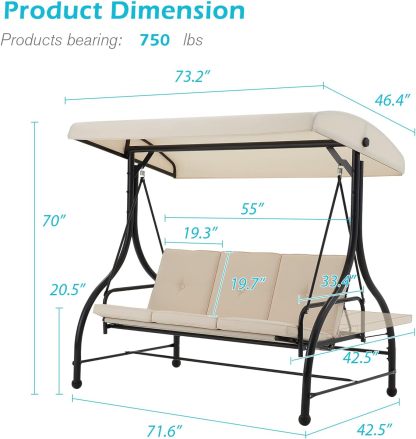 3-Seat Outdoor Patio Swing Chair, Converting Swing Glider Canopy Hammock w/Adjustable Backrest and Canopy, Removable Cushions for Porch, Backyard, Poolside, Beige