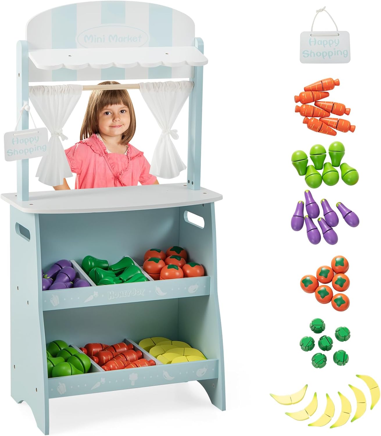 Pretend Play Wooden Toddler Fruit Stand w/36 Cutting Food Vegetable Accessories
