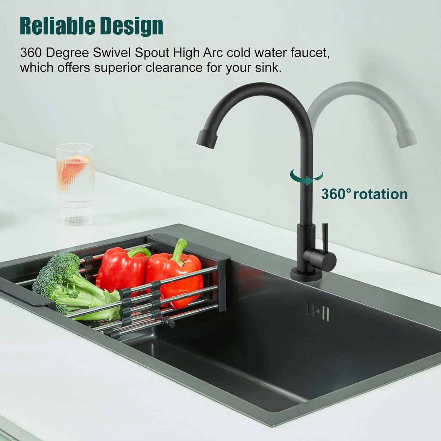 Matte Black Cold Water Only Kitchen Faucet SUS304 Sink Faucets High Arc Gooseneck 360 Degree Rotation Spout Basin Tap with Longer Thread Pipe