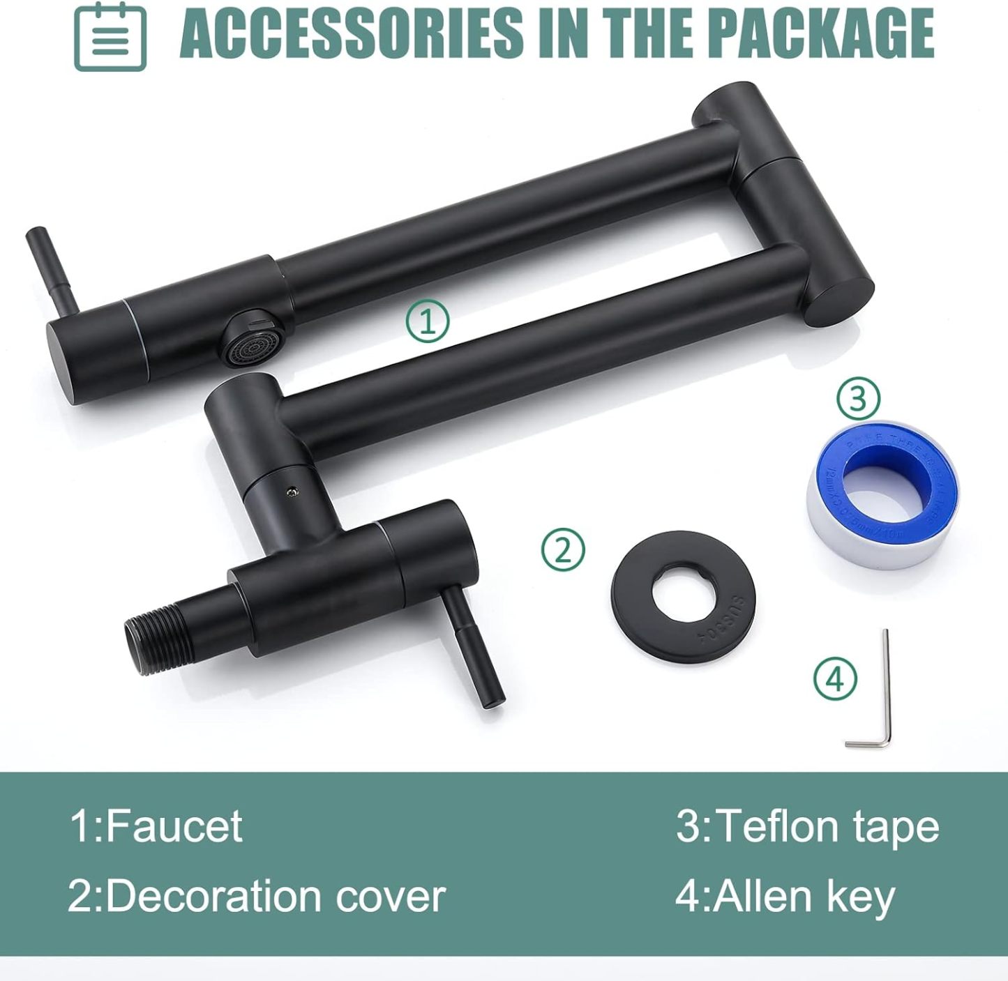 Matte Black Pot Filler 19 Inch Wall Mount Folding Stretchable Kitchen Restaurant Faucet Stainless Steel Pot Filler with Double Joint Swing Arm Single Hole Two Handles Commercial NPT