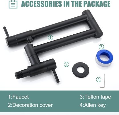 Matte Black Pot Filler 19 Inch Wall Mount Folding Stretchable Kitchen Restaurant Faucet Stainless Steel Pot Filler with Double Joint Swing Arm Single Hole Two Handles Commercial NPT