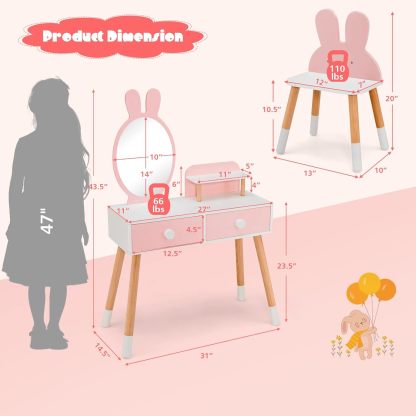 Rabbit Themed Toddler Wooden Makeup Table and Chair Set