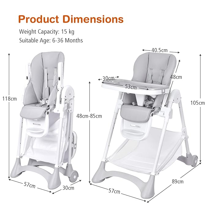 Foldable Highchair for Babies and Toddlers, Detachable Trays & PU Leather Seat Cushion