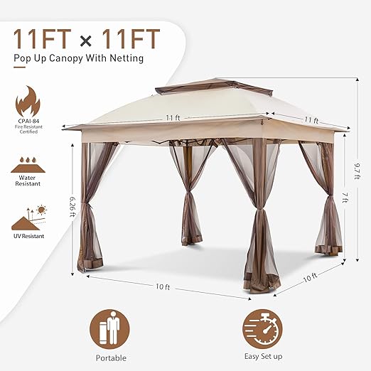 11x11 Pop-Up Instant Gazebo Tent with Mosquito Netting Outdoor Canopy Shelter with 121 Square Feet of Shade by COOS BAY (Beige)