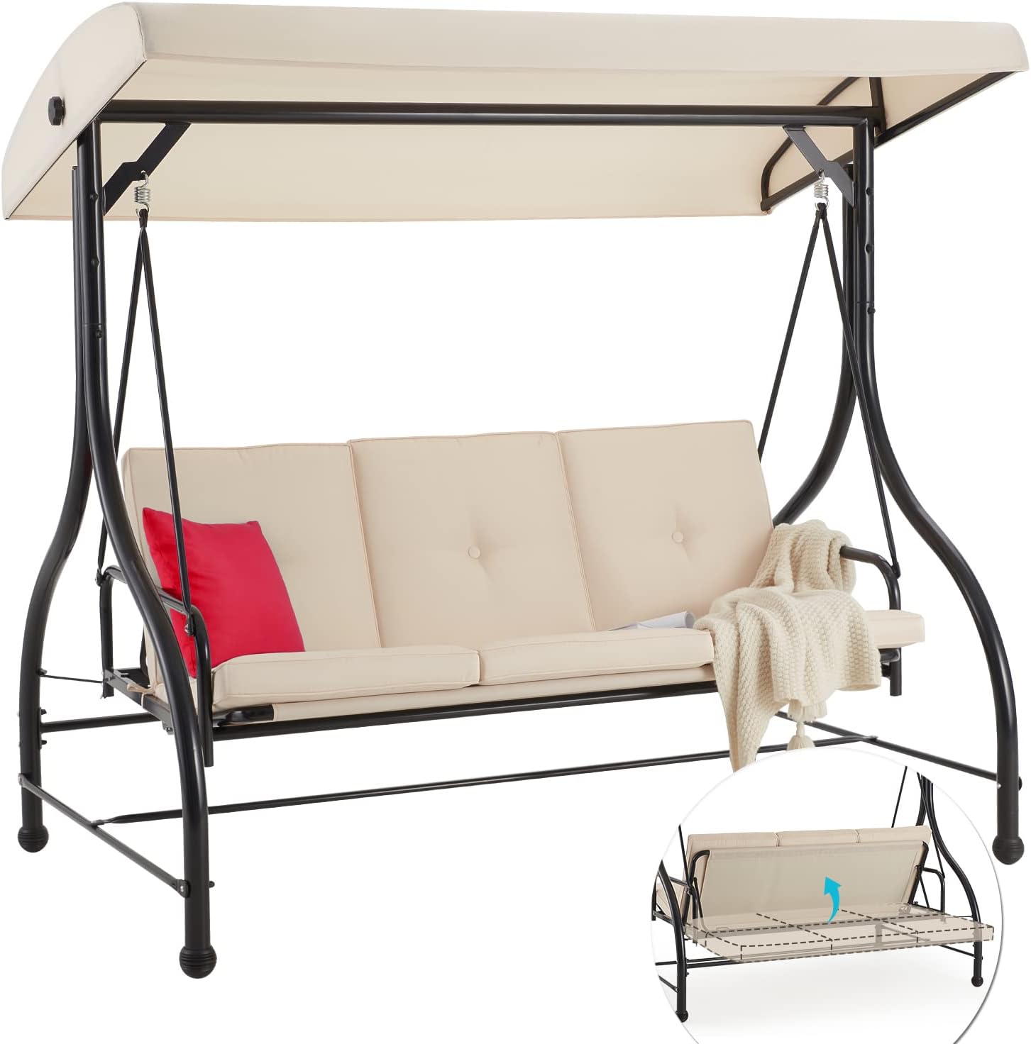 3-Seat Outdoor Patio Swing Chair, Converting Swing Glider Canopy Hammock w/Adjustable Backrest and Canopy, Removable Cushions for Porch, Backyard, Poolside, Beige