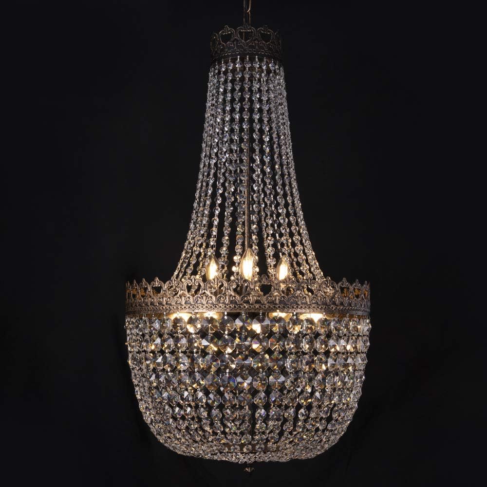 Crystal Chandelier Lights, 9-Light French Empire Country Foyer Chandelier Pendant, Hanging Ceiling Lighting Fixture for Dining Living Room Bedroom Kitchen, 35" H x 19.69" W, Antique Bronze