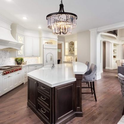 Crystal Chandelier, Modern 5 Light Foyer Chandeliers, Hanging Black Pendant Lights with Prism Crystal Shades, Farmhouse Ceiling Lighting Fixture for Kitchen Island, Dining Living Room, Bedroom