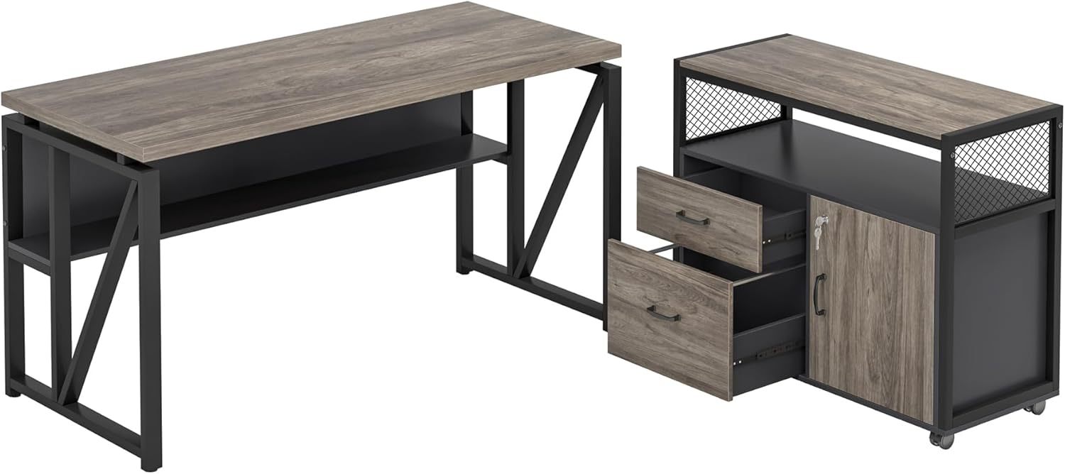 L Shaped Desk with Drawer Cabinet, 55" Executive Computer Desk and lateral File Cabinet