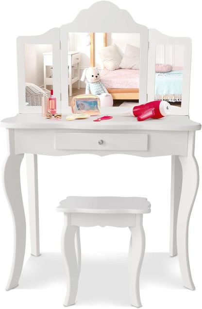 Kids Vanity Set with Mirror, 2-in-1 Wooden Toddler Vanity Table with Stool