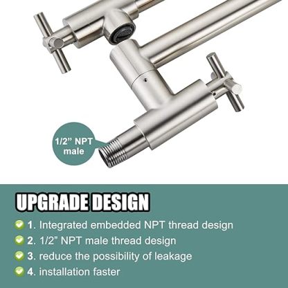 Pot Filler Kitchen Faucet Stainless Steel SUS304 Two Cross Handle Single Hole 19" Spout Wall Mounted Stretchable Swing Arm Brushed Nickel Commercial Kitchen Faucet Control Water