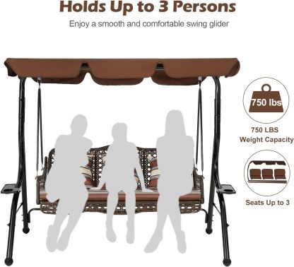 3-Seat Outdoor Patio Swing Chair, Large Converting Canopy Porch Swing Glider, Hammock Lounge Chair for Porch, Rattan Wicker Steel Frame Cushion & Pillow, Brown