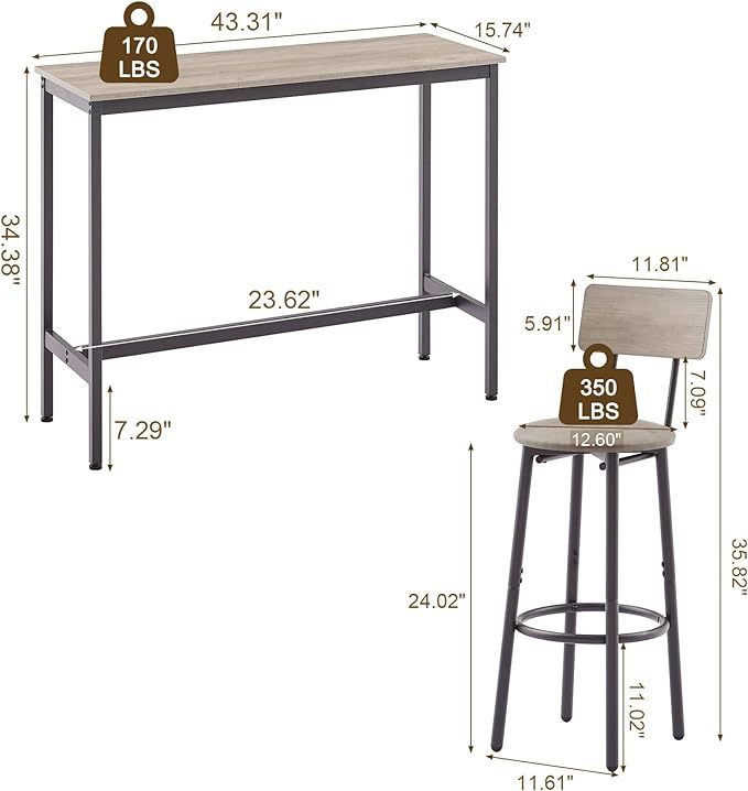 Bar Table and Chairs Set for 2, 3-Piece Small Rectangle Pub Bistro Table and PU Upholstered Stools with Backrest