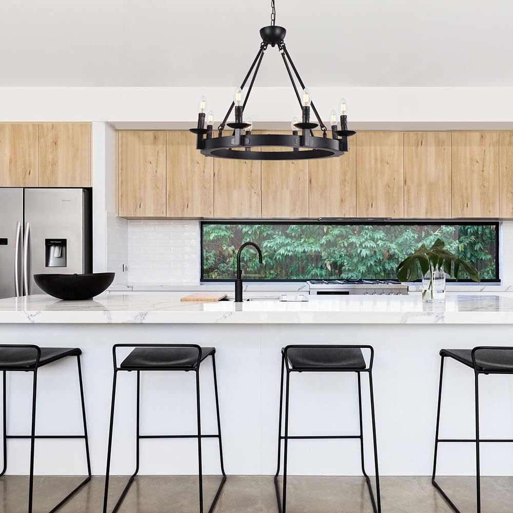 Black Farmhouse Chandeliers Wagon Wheel, Industrial 8 Lights Iron Lighting Candle Style 28", Rustic Hanging Ceiling Light Fixture