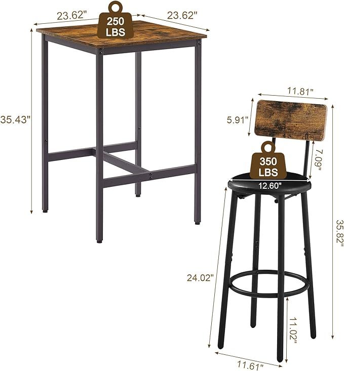 Bar Table and Chairs Set for 2, 3-Piece Small Square Pub Bistro Table and Upholstered Stools with Backrest