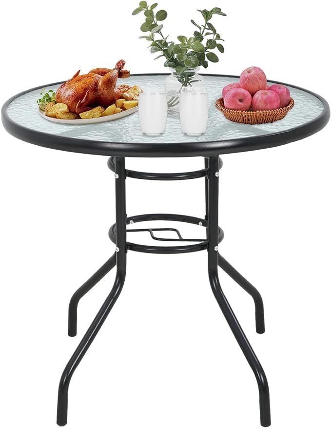 Outdoor Table Patio Table Dining Table with Tempered Glass Umbrella Hole