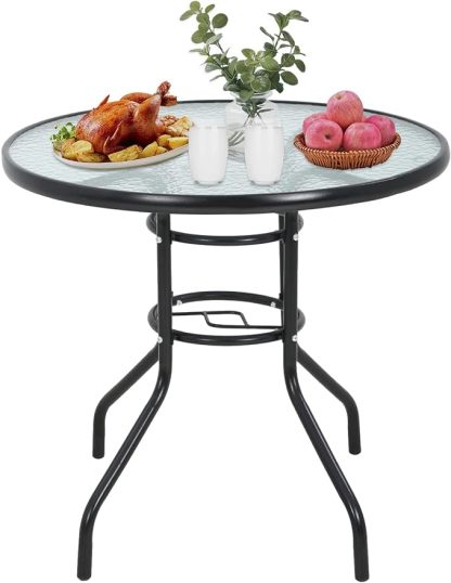 Outdoor Table Patio Table Dining Table with Tempered Glass Umbrella Hole