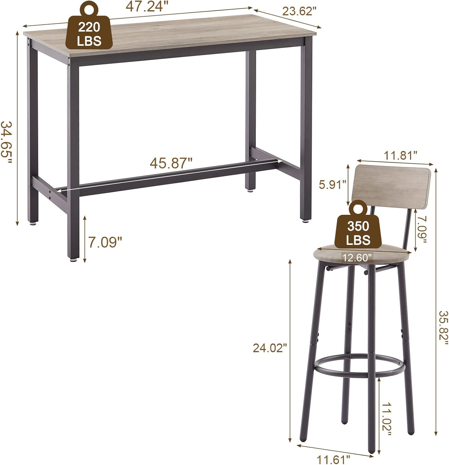 Bar Table and Chairs Set for 4, 5-Piece Rectangle Pub Bistro Table