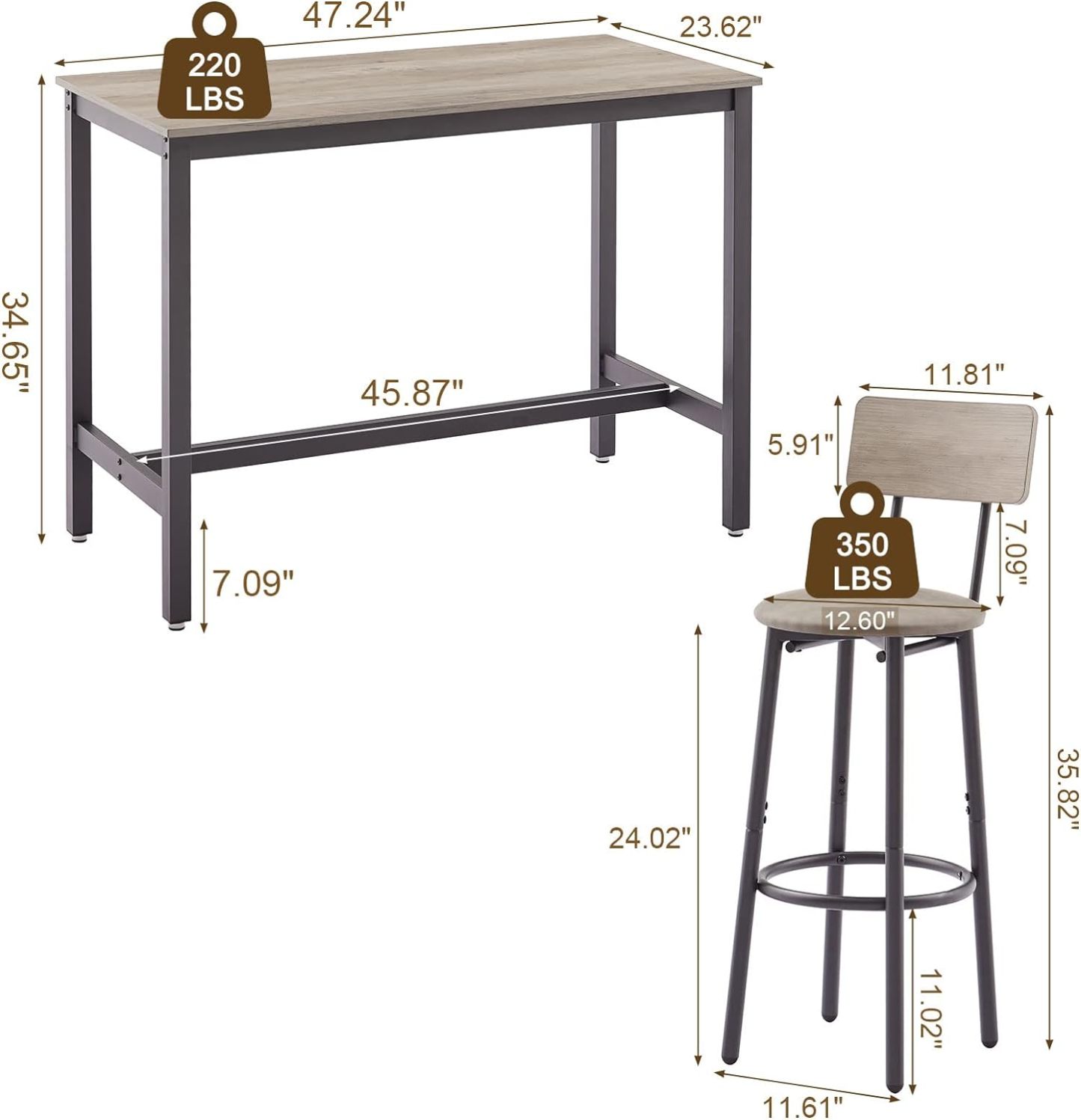 Bar Table and Chairs Set for 4, 5-Piece Rectangle Pub Bistro Table