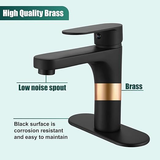 Matte Black Single Hole Bathroom Faucet,1 Handle Brass Bathroom Sink Faucets Basin Mixer Tap Deck Mount Lavatory Vanity Restroom Faucet Deck Plate Pop Up Drain Included