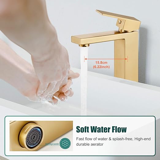 Brushed Gold Restroom Faucet,Bathroom Vessel Sink Faucet Single Handle Basin Bowl Tap SUS304 Stainless Steel Tall Body 1 Hole Lavatory Vanity Mixer Bar Tap with Pop Up Drain