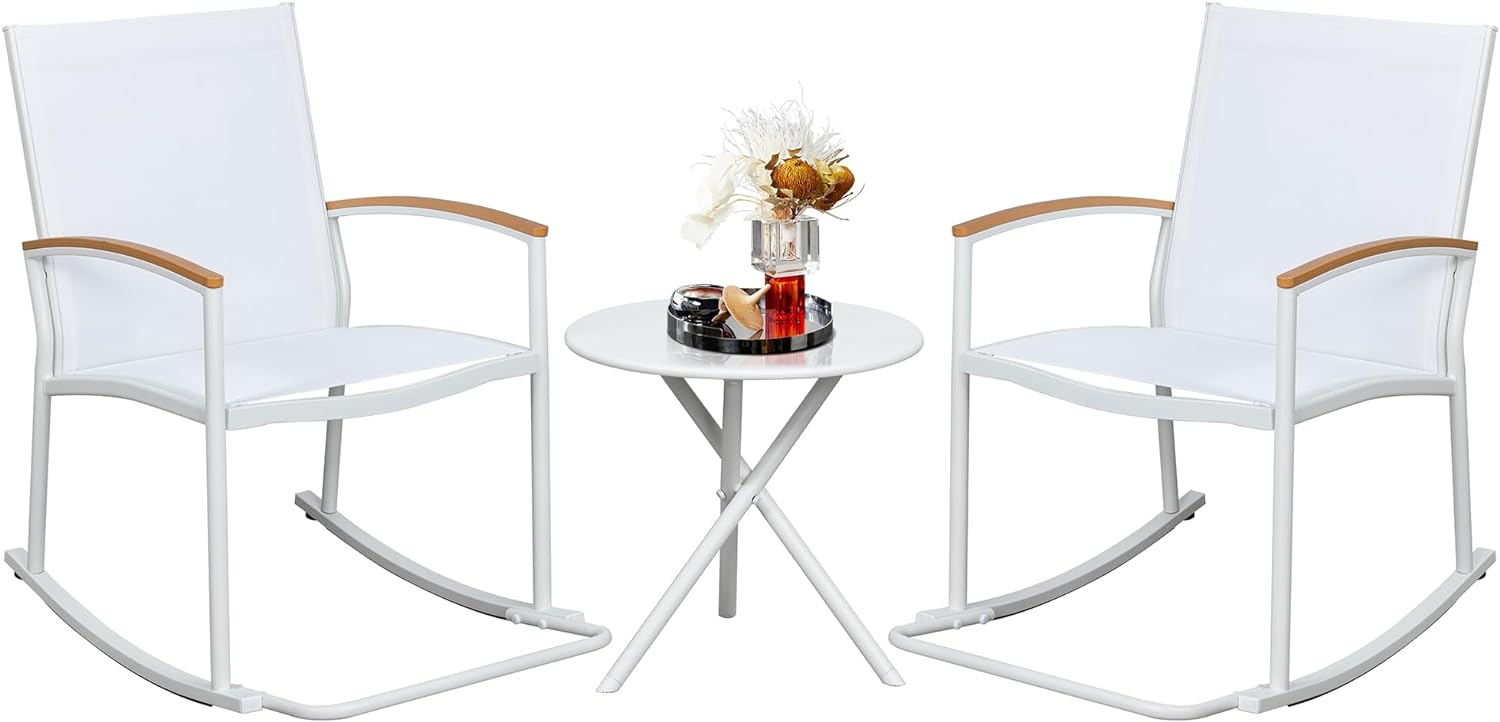 3 Piece Outdoor Rocking Bistro Set, Textilene Fabric Small Outdoor Furniture