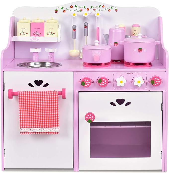 13 Pcs Cookware Utensils, Faucet, Stove, Storage Cabinet, Little Chef Toy Kitchen Set