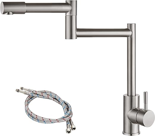 Brushed Nickel Pot Filler Faucet Deck Mounted Single Handle Double Joints Free Rotating Modern Pot Filler Deck Mounted Countertop Retractable Commercial Kitchen Sink Faucet Stainless Steel