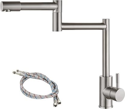 Brushed Nickel Pot Filler Faucet Deck Mounted Single Handle Double Joints Free Rotating Modern Pot Filler Deck Mounted Countertop Retractable Commercial Kitchen Sink Faucet Stainless Steel